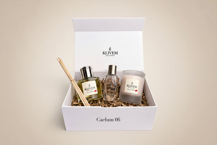 Caelum 06 Feel At Home luxury Klivem gift box with candle 160g, reed diffuser 125ml and room spray 100ml