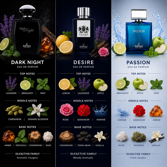 Coral Men's Essentials Collection | Passion 100ml + Dark Night 100ml + Desire 85ml | 3 Eau de Parfum Combo for Men
