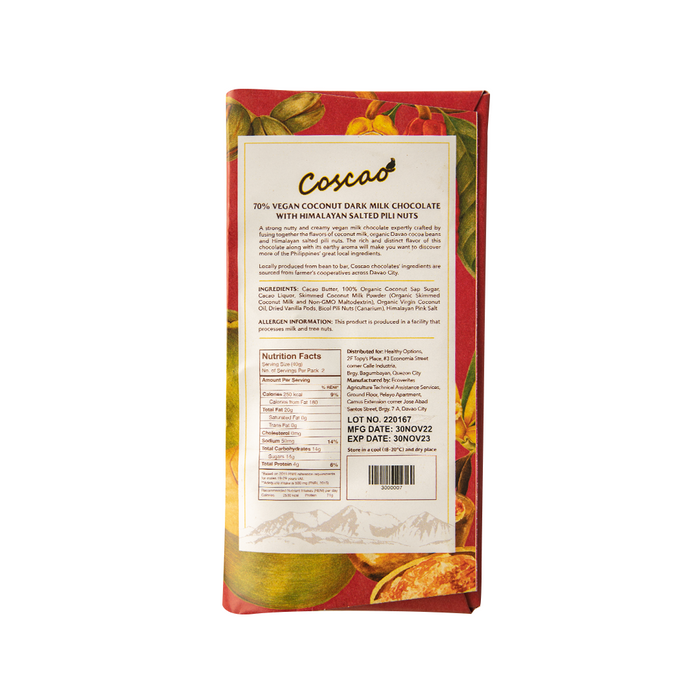 Coscao Vegan Coconut Milk Chocolate with Himalayan Salted Pili Nuts 70% Dark 80grams