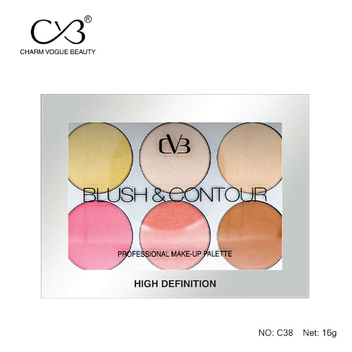 Charm Vogue Beauty blush and contour palette with six colors on a white background