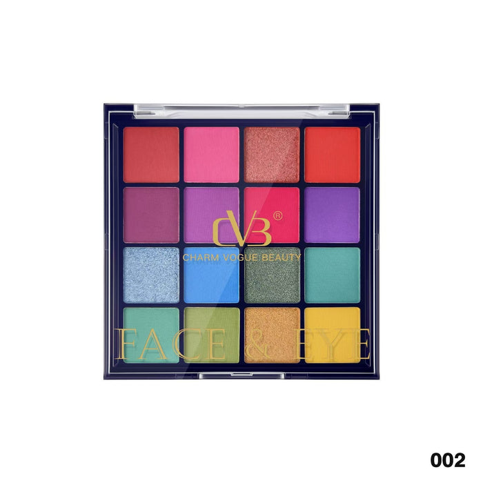 Makeup palette with colorful eyeshadows and Charm Vogue Beauty logo on a white background