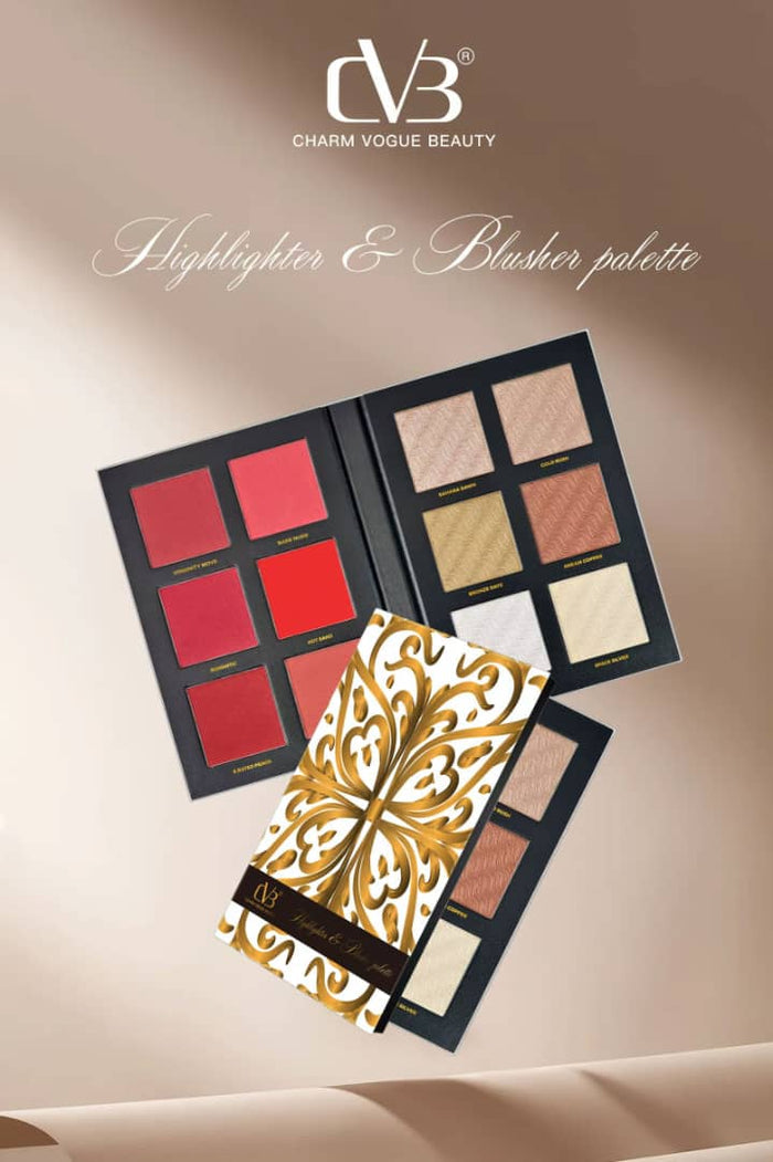 Charm Vogue Beauty highlighter and blusher palette with decorative box on a beige background