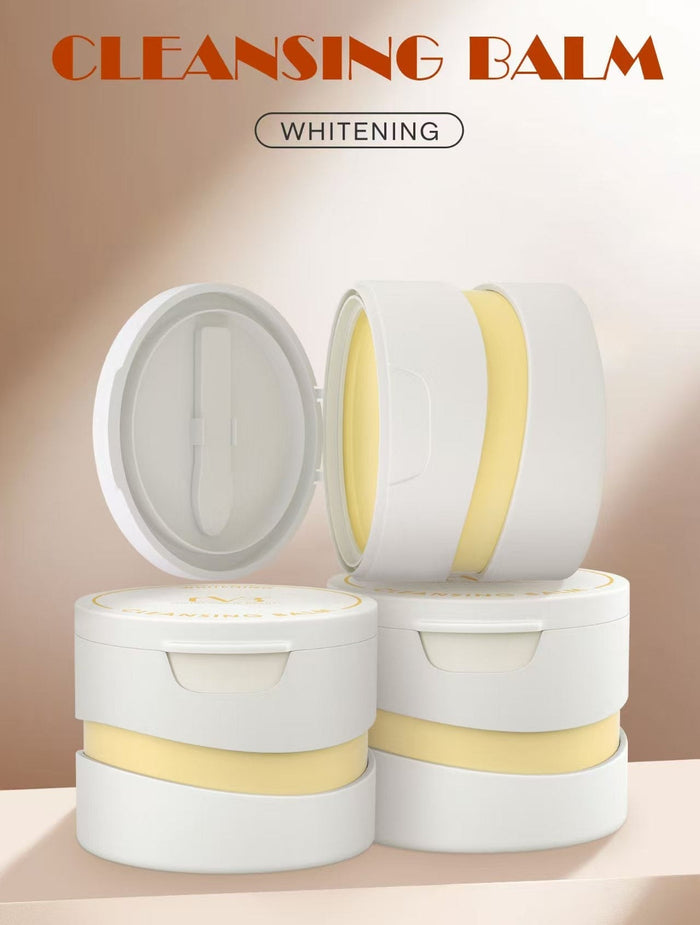 Cleansing balm containers with 'Charm Vogue Beauty' branding on a beige background