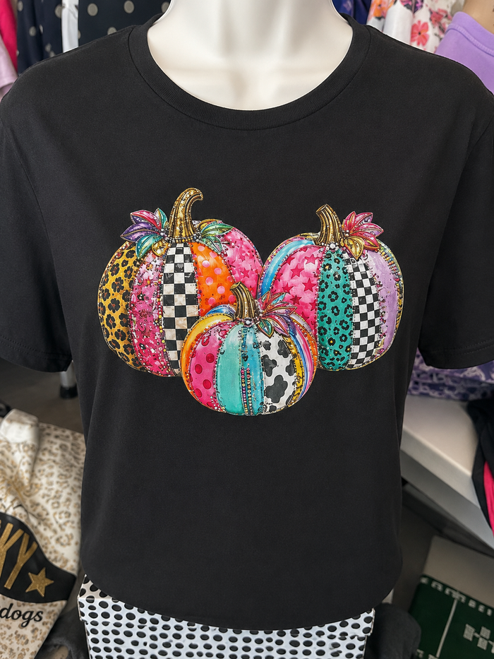 Fun & Funky Patterned Pumpkin Trio Black Tee