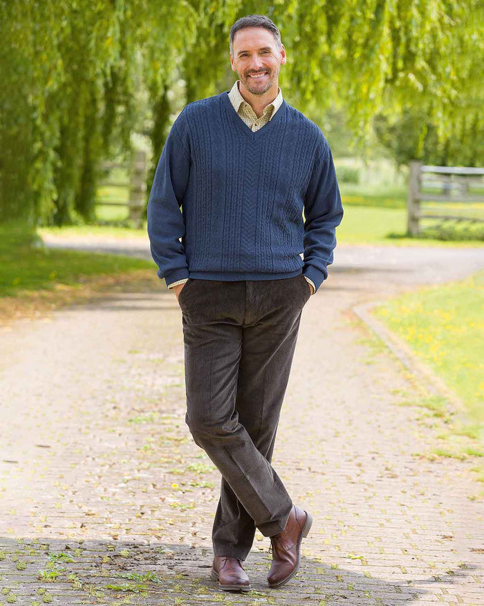 Haydock Cable Knit V Neck Blue Jumper - Image 2 - Country Collection