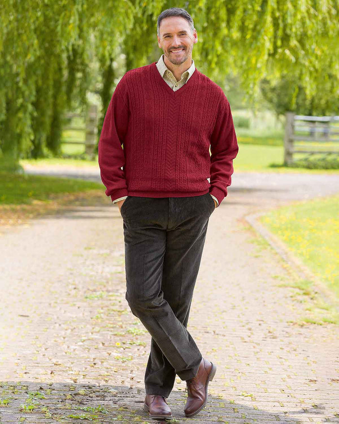 Haydock Cable Knit V Neck Claret Jumper - Image 2 - Country Collection