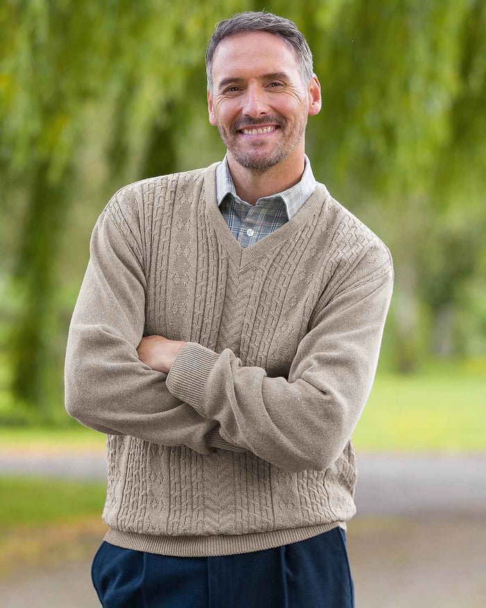 Haydock Cable Knit V Neck Jumper - Taupe - Country Collection