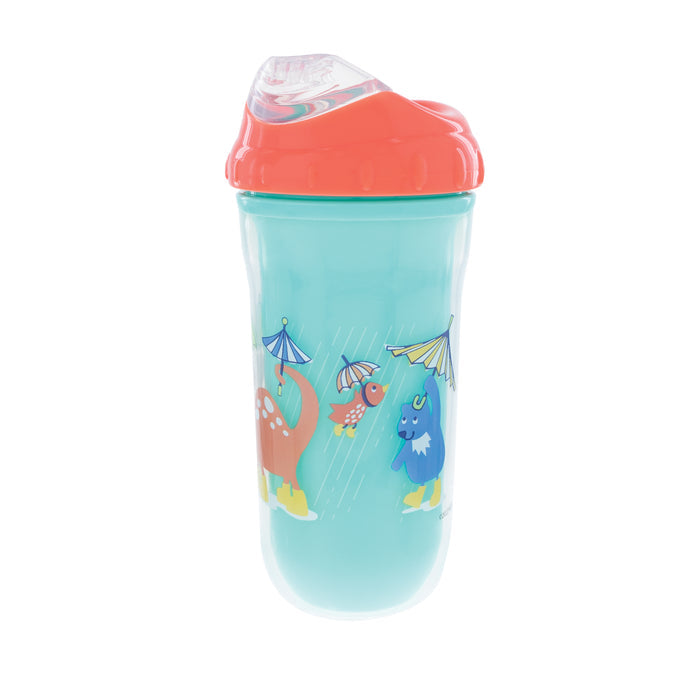 The Nuby Insulated Cool Sipper Cup is a turquoise, spill-proof sippy cup with a red lid, featuring colorful cartoon dinosaurs and a bird holding umbrellas printed on the side.