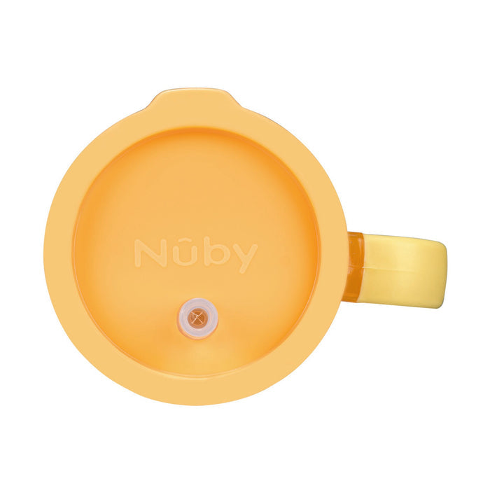 Top-down view of the Insulated Tiny Tumbler | Orange Crush, an orange and yellow toddler cup with Nûby branding on the lid. The lid includes a central white valve and a handle on the right side, providing a convenient spill-proof solution for kids.
