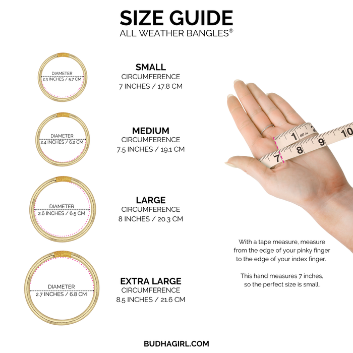 Size guide for All Weather Bangles® featuring measurements for small, medium, large, and extra large sizes.