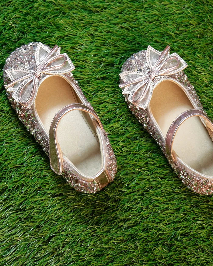 Girls rose gold glitter sandals with bow strap and sparkling toe cap