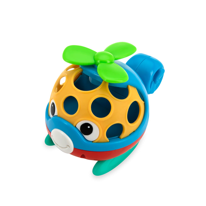 The Nuby Silly Shaker Rattle Toy - Helicopter is a vibrant plastic baby rattle with big holes, teal wheels, a green propeller, and a smiling face—mainly in blue, yellow, and red—making it easy and fun for little hands to shake and play.