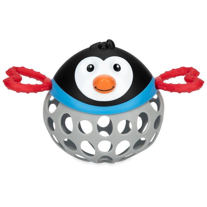 The Silly Shaker Rattle Toy - Penguin features a round black and white head, orange beak, red textured wings, and a hollow gray ball with holes for easy gripping—perfect for adorable interactive play.