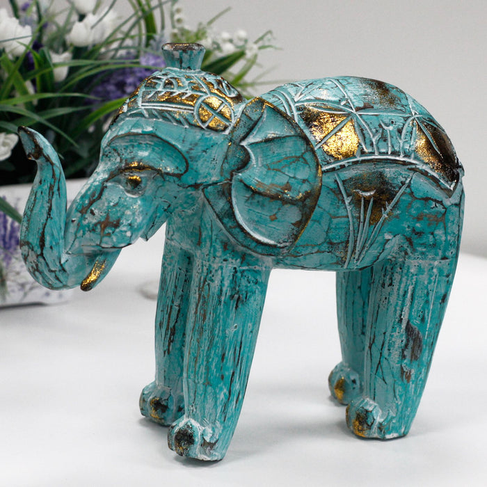 Wood Carved Elephant Turquoise Gold