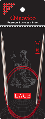 Stainless steel circular knitting needles with satin-sheen finish connected by red cable on black and red ChiaoGoo packaging; Packaging reads "ChiaoGoo Premium Stainless Steel" and "LACE" with image of woman knitting on background