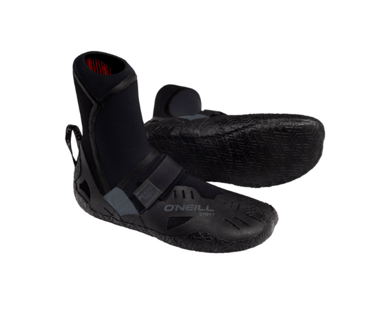 O’Neill Psycho Tech RT 5mm black neoprene surf booties with round toe and textured grip sole offered by O'neill