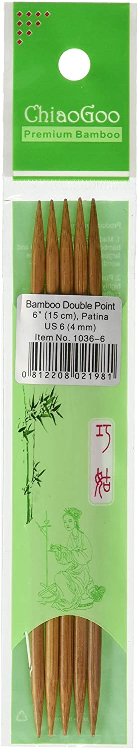 Five light brown double pointed bamboo needles in light green plastic packaging; Top of packaging reads "ChiaoGoo, Premium Bambo"; Price sticker on middle of packaging with barcode and size of needles listed; Image of woman kneeling and knitted pictured at bottom of packaging