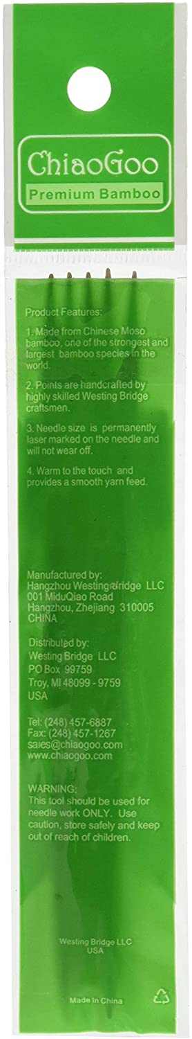 Back of double pointed needles plastic packaging in light green and white; "ChiaoGoo, Premium Bamboo" written at top of packaging and needle description written underneath