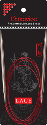 Stainless steel circular knitting needles with satin-sheen finish connected by red cable on black and red ChiaoGoo packaging; Packaging reads "ChiaoGoo Premium Stainless Steel" and "LACE" with image of woman knitting on background