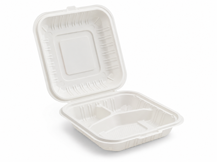 7" x 7" x 3" White MFPP Take-Out Container - 3-Comp.