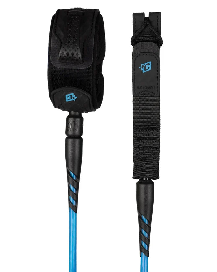 7ft Reliance 2.0 Std surf leash with black ankle cuff and cyan 7mm cord for medium to large waves offered by Creatures