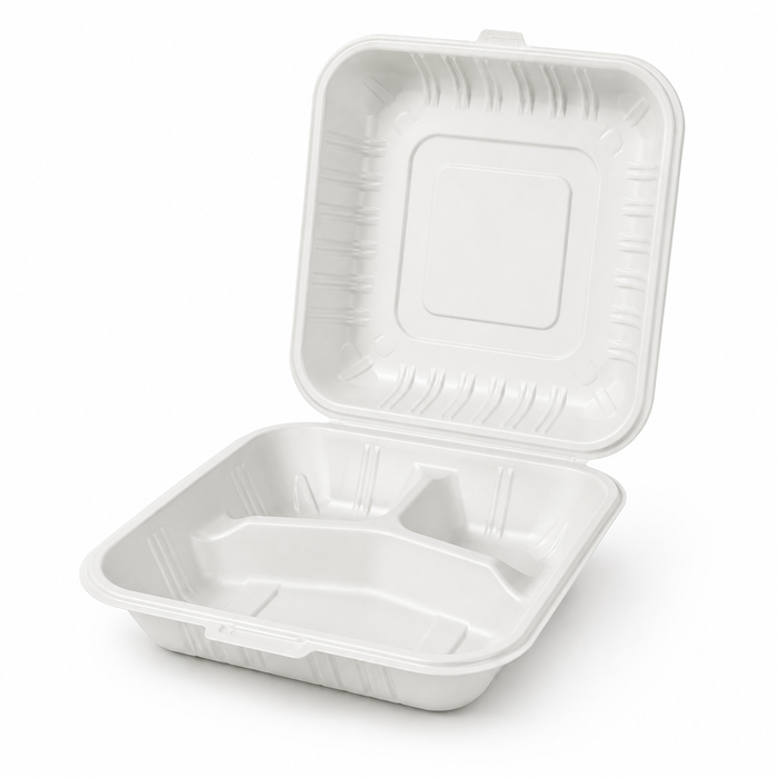 8" x 8" x 3" White MFPP Take-Out Container - 3-Comp.