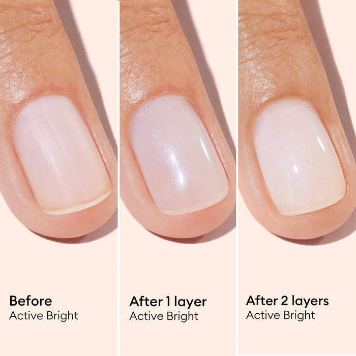 Three close-up images of a fingernail display the results before application, after one layer, and after two layers of Manucurist Active™ Bright bio-based nail polish, revealing greater opacity and shine—a perfect combination of color and nail care for stronger, healthier nails.