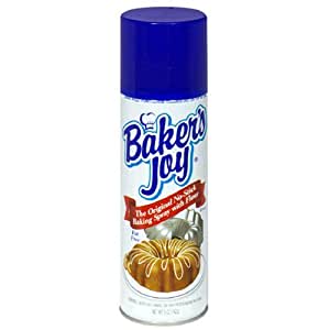 Image of white canister with blue lid reads "Baker's Joy" with image of bundt cake below on white background
