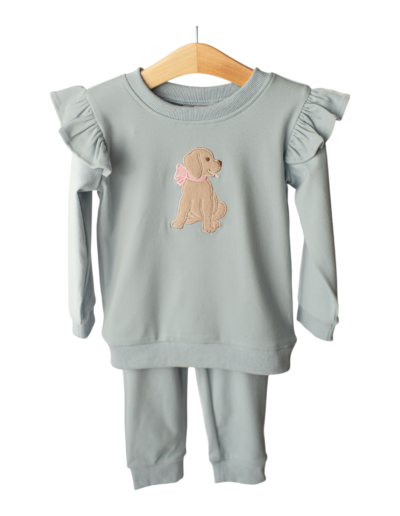 Banana Split Puppy Applique Girls Jogger Set - blue