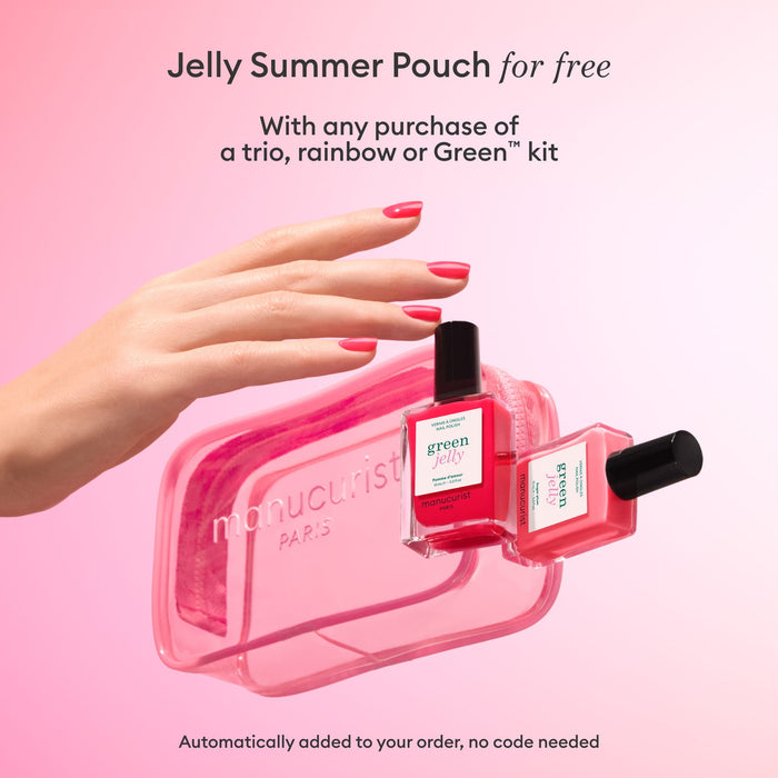 A hand with pink nails holds a clear pink pouch and two Manucurist Discovery Kit - Jelly Nail Polish bottles on a pink background. Get a free Jelly Summer Pouch with qualifying Manucurist kit purchase.