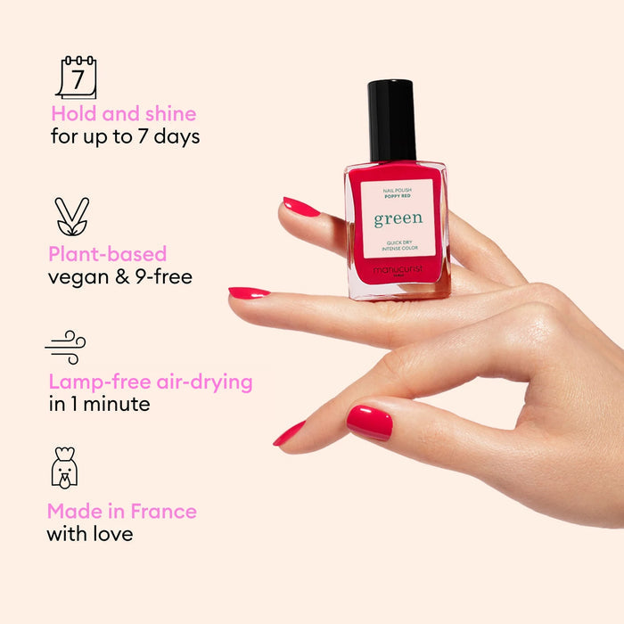 A hand with red-painted nails holds Manucurist US Starter Kit: up to 7-day hold  shine, plant-based vegan formula, gel effect for easy at-home manicure, air-dries in 1 min—no lamp needed. Made in France with love.