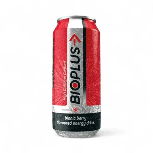 Bioplus Bionic Berry Energy Drink 440ml can with high caffeine content and vibrant berry flavor.