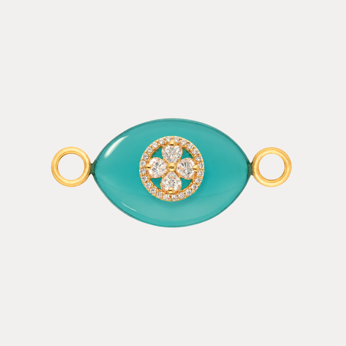 Blue Onyx Clover Charm featuring turquoise agate, gold-plated medallion, and white crystal clover.