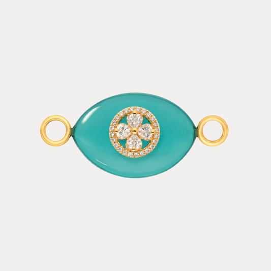 Blue Onyx Clover Charm featuring turquoise agate, gold-plated medallion, and white crystal clover.