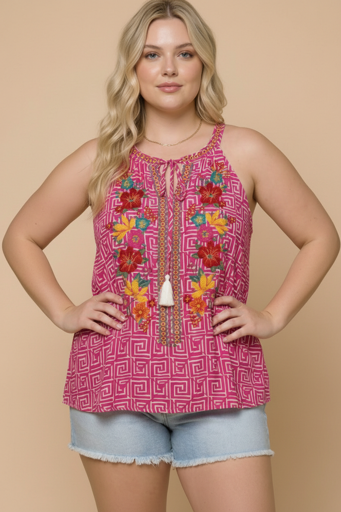 Boho Blooms Embroidered Halter Top in Fuchsia