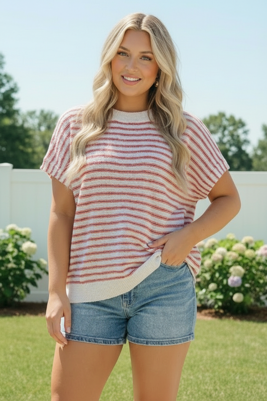 Breezy Stripe Knit Top in Ivory and Red