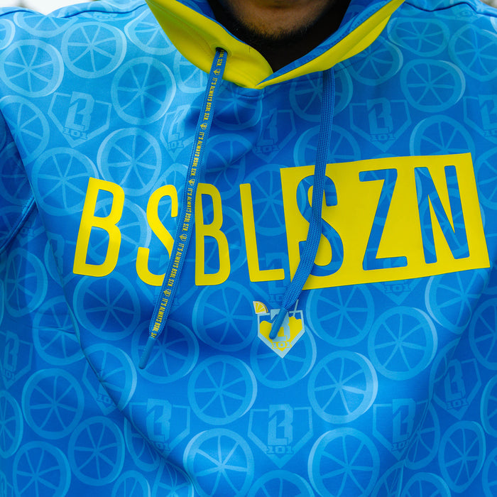 Adult model wearing blue short sleeve hoodie with "BSBL-SZN V3" design