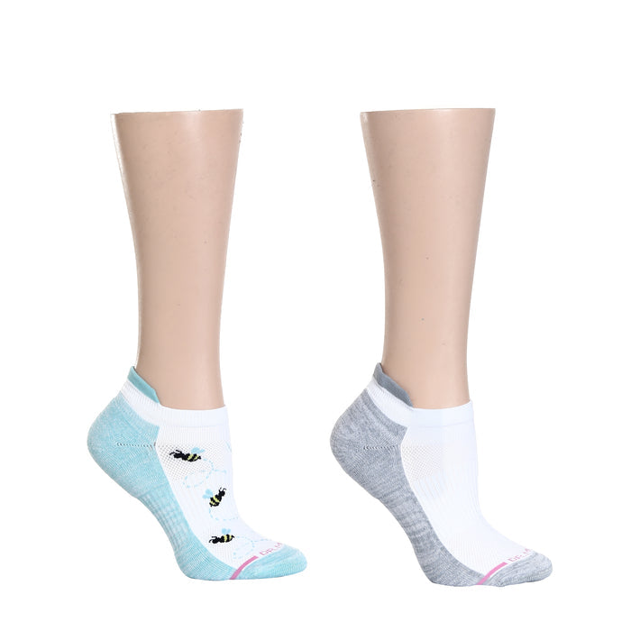 Ankle compression socks featuring a bee design in blue and white, paired with a solid gray option.