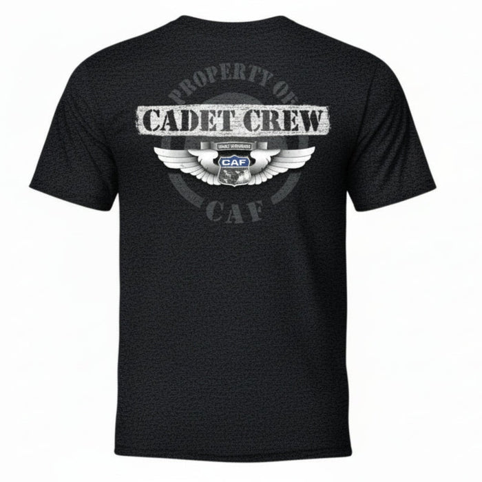 Black t-shirt with 'Property of Cadet Crew' text on a white background