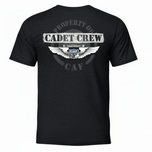 Black t-shirt with 'Property of Cadet Crew' text on a white background