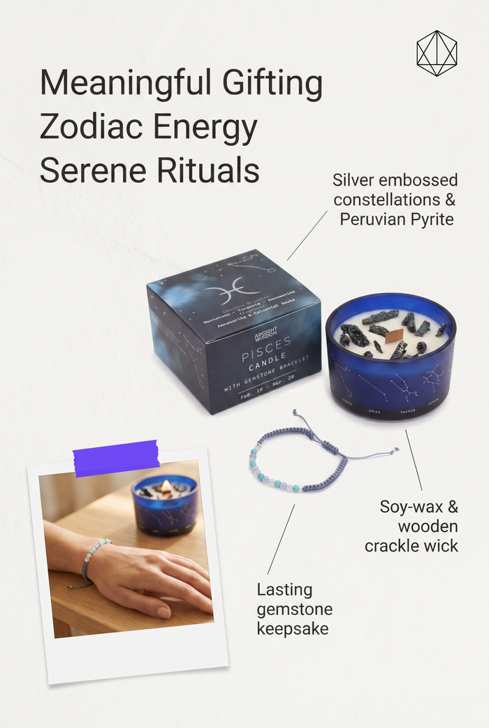 Capricorn Zodiac Crystal Candle with Amethyst and Smoky Quartz Bracelet Giftset