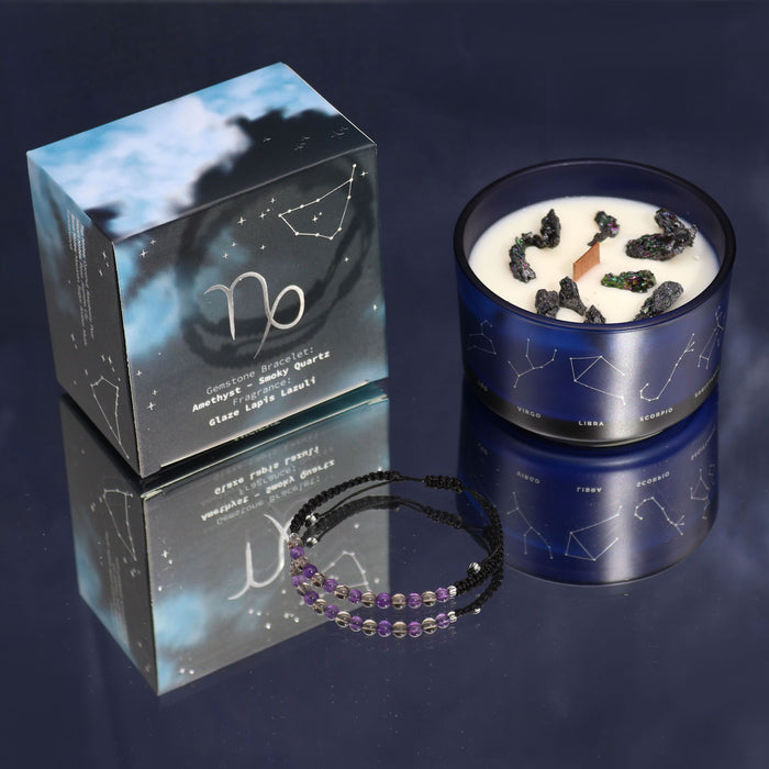 Capricorn Zodiac Crystal Candle with Amethyst and Smoky Quartz Bracelet Giftset