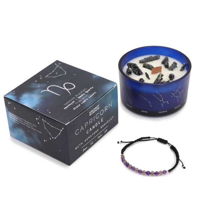 Capricorn Zodiac Crystal Candle with Amethyst and Smoky Quartz Bracelet Giftset