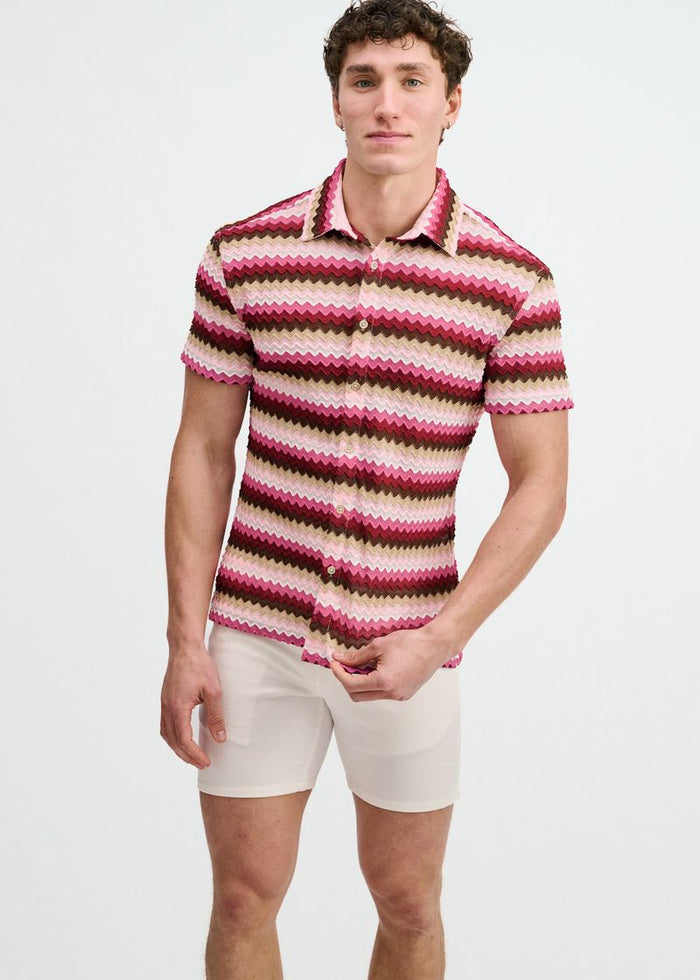 Carmine/Merlot Open Knit Stretch Chevron Short Sleeve Shirt St-24078
