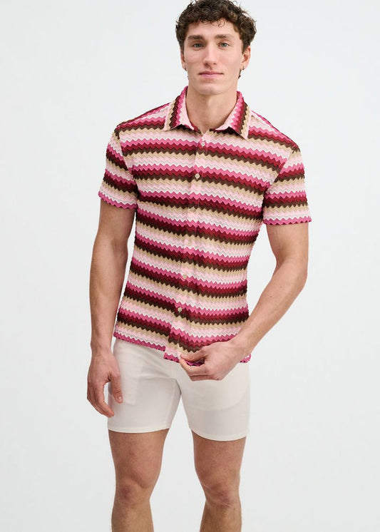 Carmine/Merlot Open Knit Stretch Chevron Short Sleeve Shirt St-24078