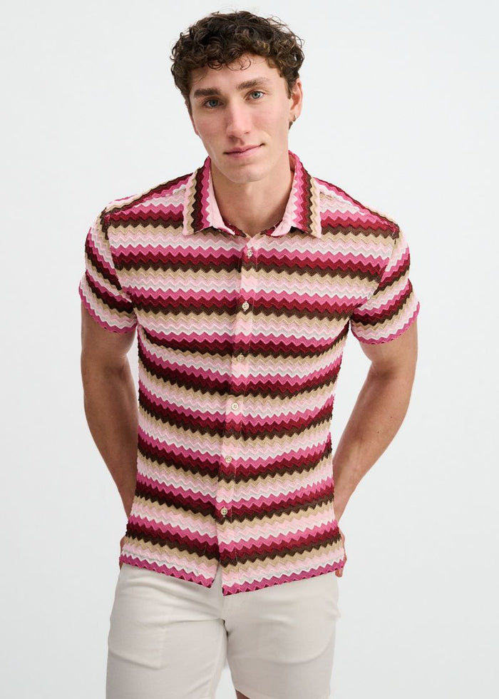 Carmine/Merlot Open Knit Stretch Chevron Short Sleeve Shirt St-24078