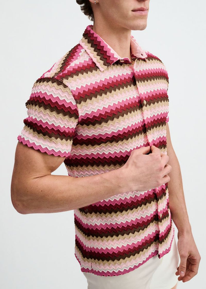 Carmine/Merlot Open Knit Stretch Chevron Short Sleeve Shirt St-24078