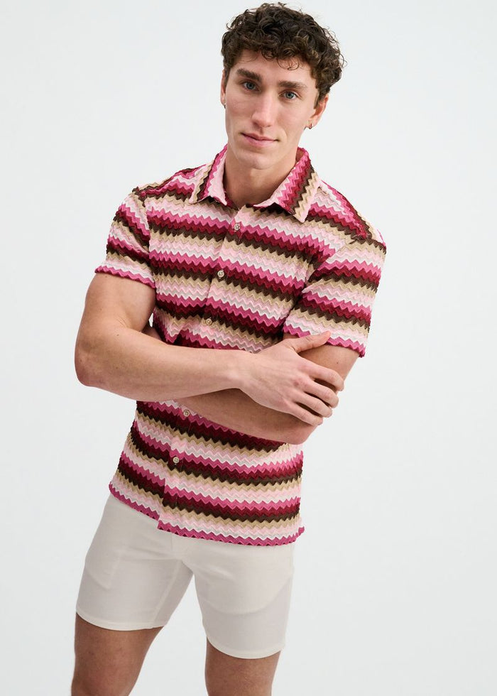 Carmine/Merlot Open Knit Stretch Chevron Short Sleeve Shirt St-24078