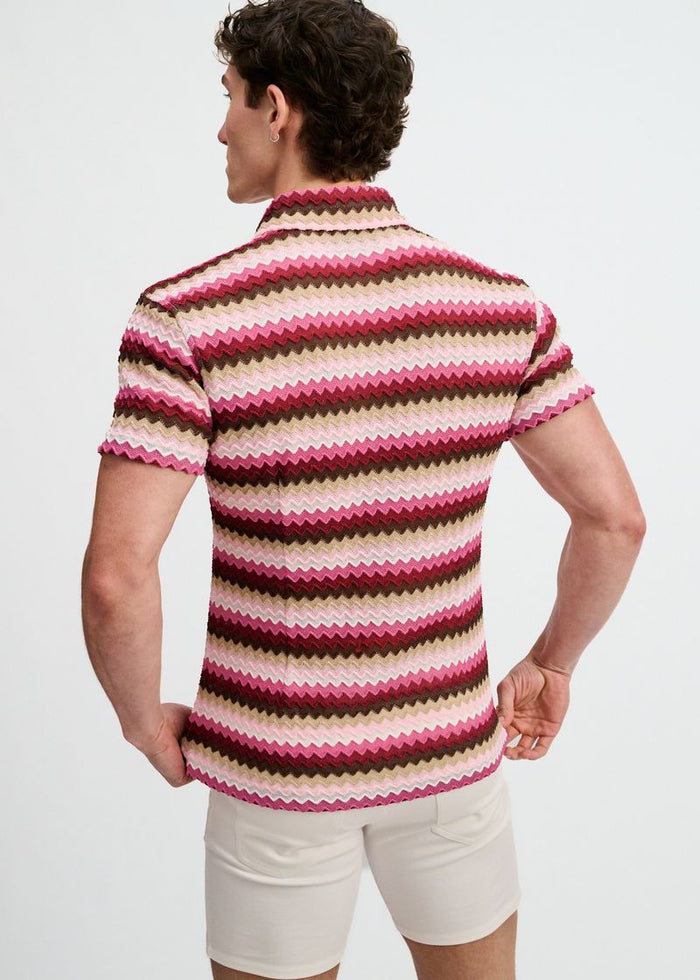 Carmine/Merlot Open Knit Stretch Chevron Short Sleeve Shirt St-24078