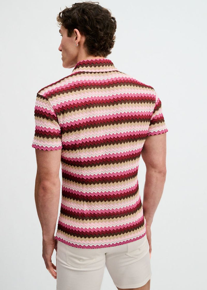 Carmine/Merlot Open Knit Stretch Chevron Short Sleeve Shirt St-24078